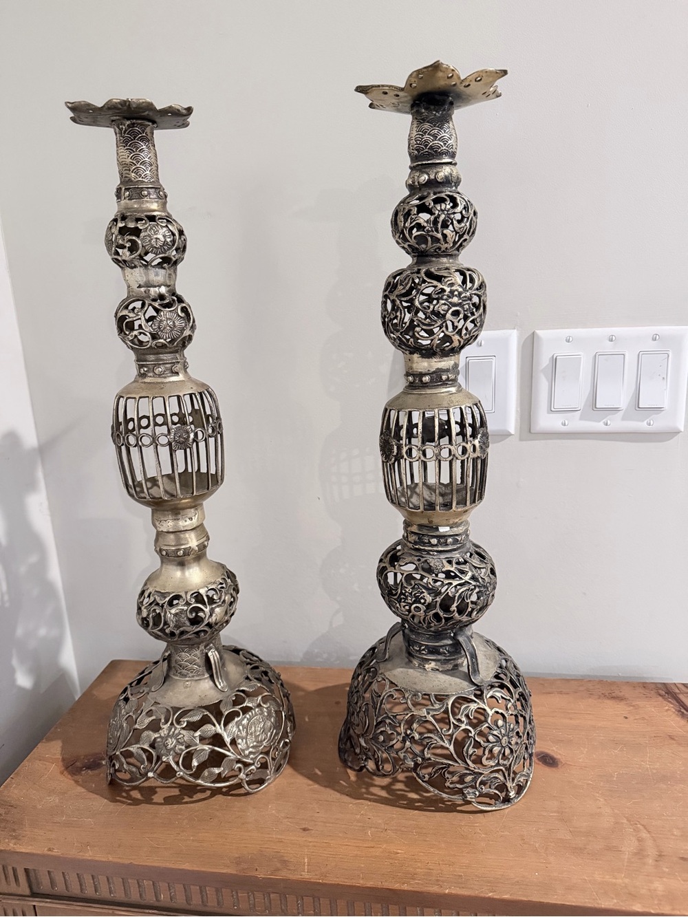 Source Unknown Ornate Filigree Metal Candle Holders - Silver and Gold Tones